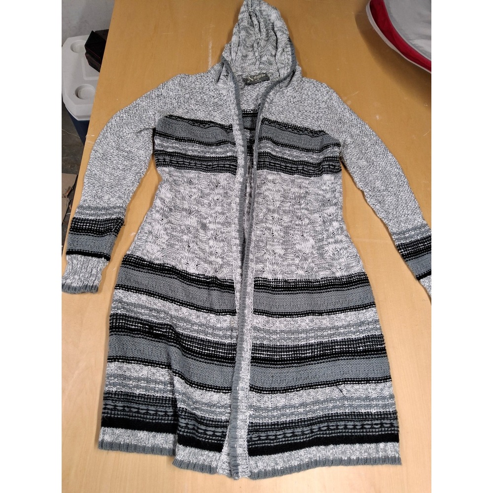 Natural Reflections Women Gray Striped Cable Knit Hooded Cardigan Sweater Large